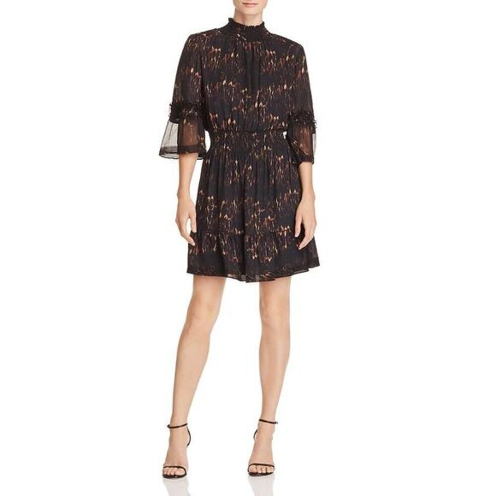 Kobi Halperin Myra Silk Dress Sz S Animal-Print smocked mock neck Luxury